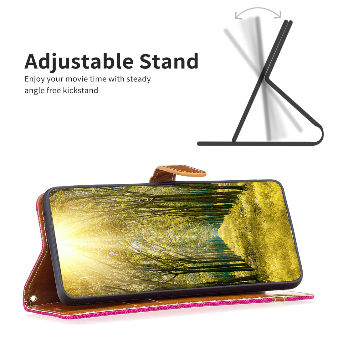 Uniqkart for iPhone 15 Plus PU Leather + TPU Phone Case Jeans Cloth Splicing Wallet Stand Anti-scratch Cover - Rose Uniqkart for iPhone 15 Plus PU Leather + TPU Phone Case Jeans Cloth Splicing Wallet Stand Anti-scratch Cover - Rose
